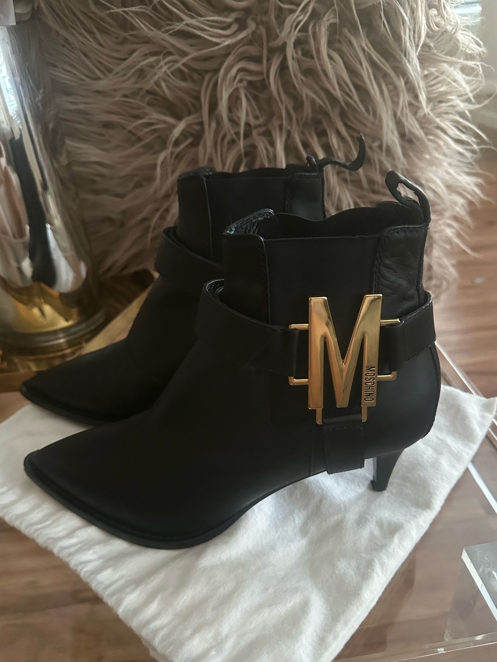 Moschino Black Leather Pointed Ankle Booties with Gold M Hardware